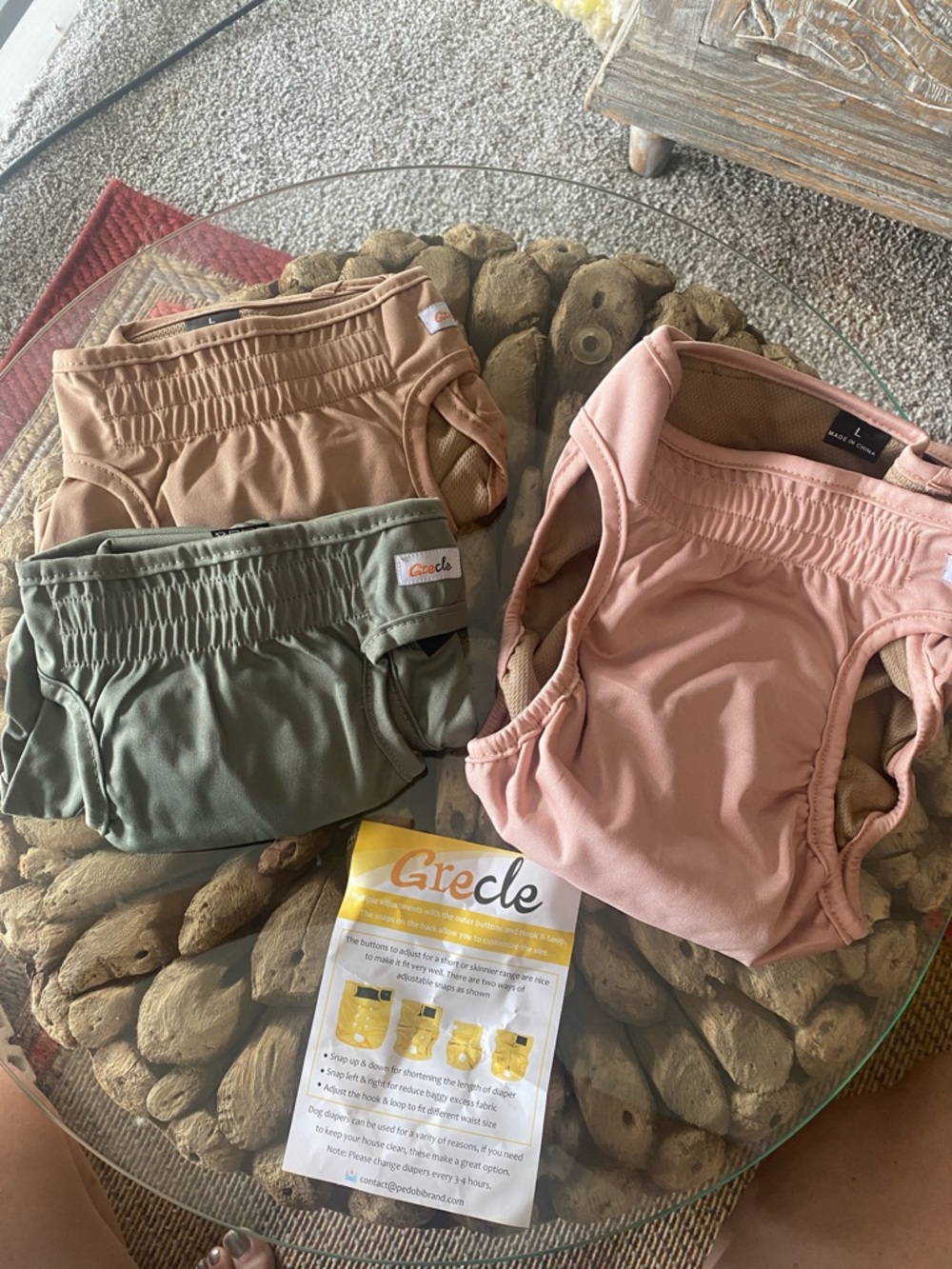 Adjustable dog diapers size large- Pink, Olive, Tan